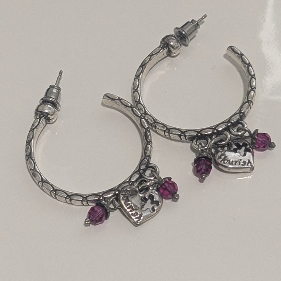 Brighton FLOURISH elegant silver hoop earrings with pink crystals and charms - Picture 7 of 9